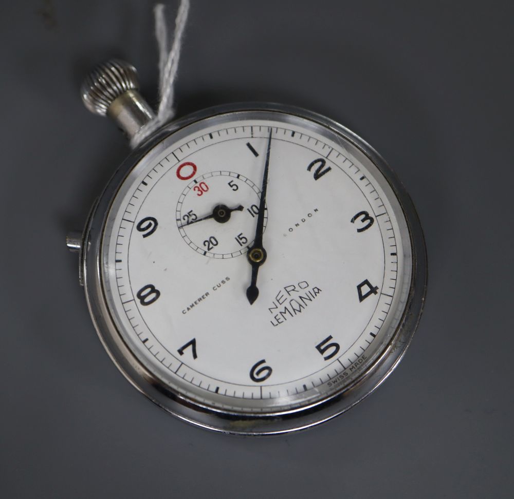 A chrome cased Nero Lemania stopwatch, retailed by Camerer Cuss, London, case diameter 49mm.